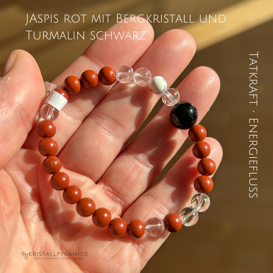 Edelsteinarmband Jaspis rot mit Bergkristall und Magnesit