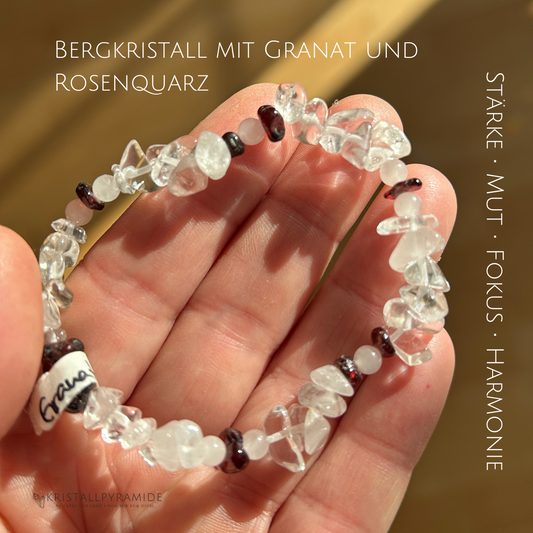 Edelsteinarmband Bergkristall mit Granat und Rosenquarz