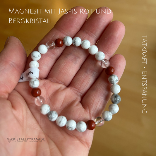 Edelsteinarmband Magnesit mit Jaspis rot und Bergkristall